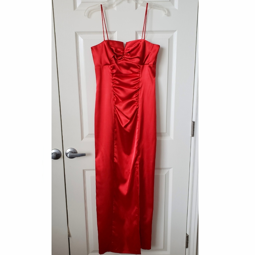 Ruched Red Satin Formal Dress